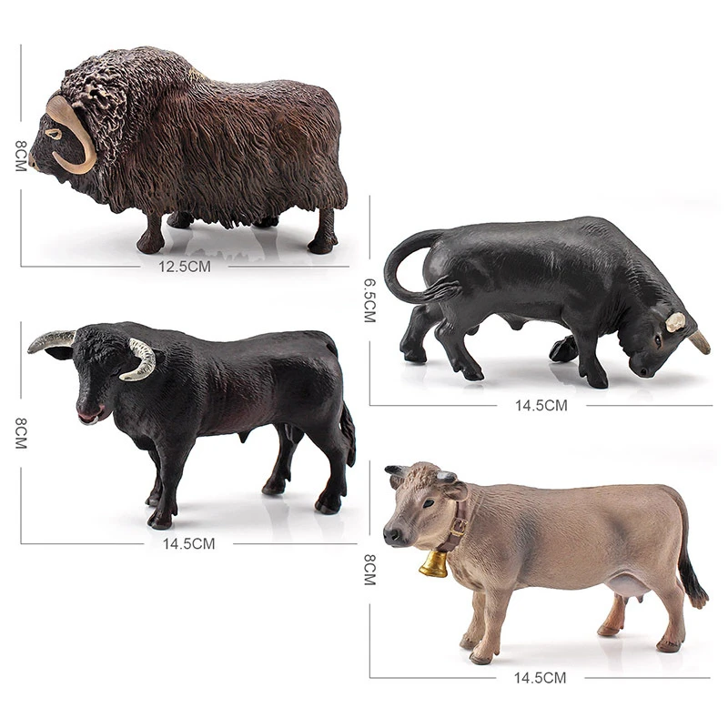 Figurines d'action en PVC pour enfants, 4 modèles, simulation d'animaux de ferme mignons, vache, bétail, taureau, modèle, leone nition dos, jouets mignons, cadeau d'anniversaire