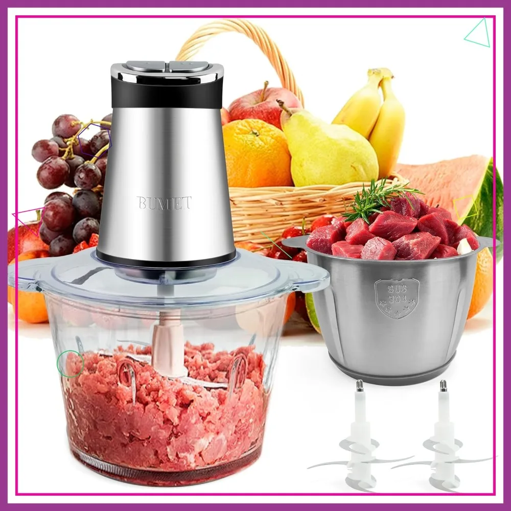 

800W Electric Food Processor with 2X12-Cup Bowls, 6-Blade System, LED Timer for Mincing, Chopping, Grinding