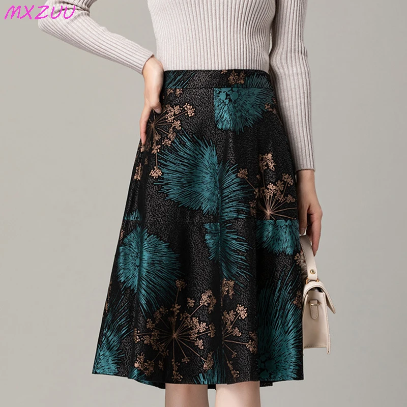 Leather Skirts for Women Elegant Fashion Large Size High Waist Falda Midi Mujer Genuine Sheepskin Printed Pleated Skirt Zevity