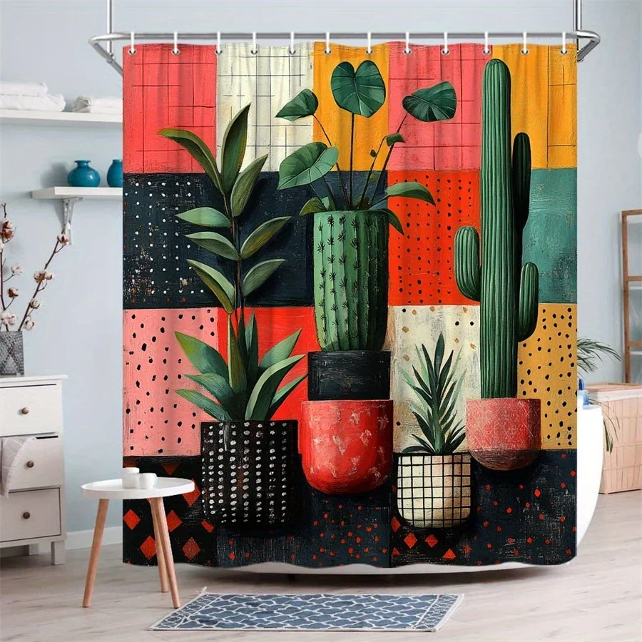 

1pc Cacti and Succulents with Geometric Patterns Digital Painting Shower Curtain Modern Abstract Colorful Pots Geometric Design