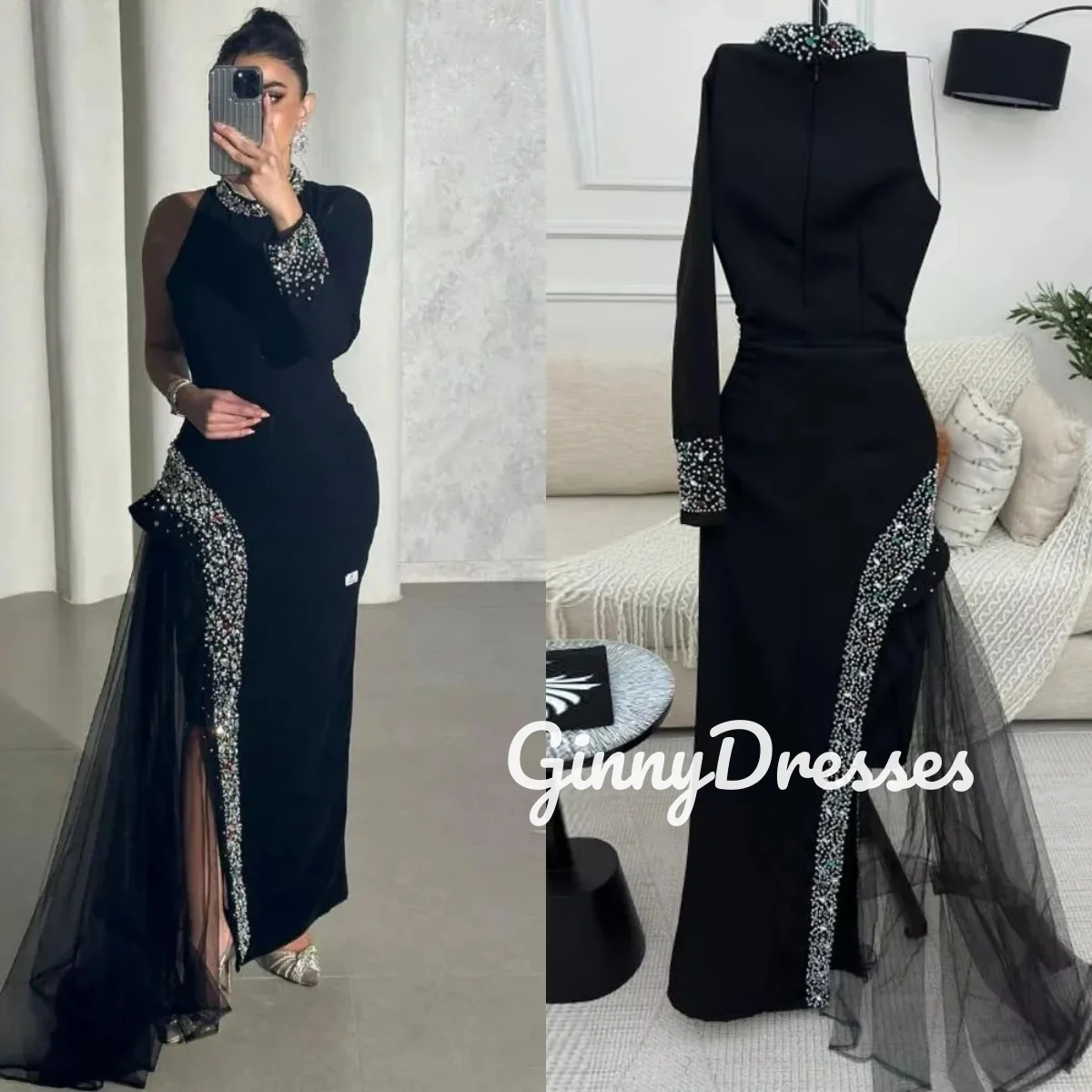 

Роскошное вечернее платье в Дубае на заказ, платья с овальным вырезом на колонне для выпускного вечера, с бисером, с длинными рукавами, длиной до пола, для торжественных случаев