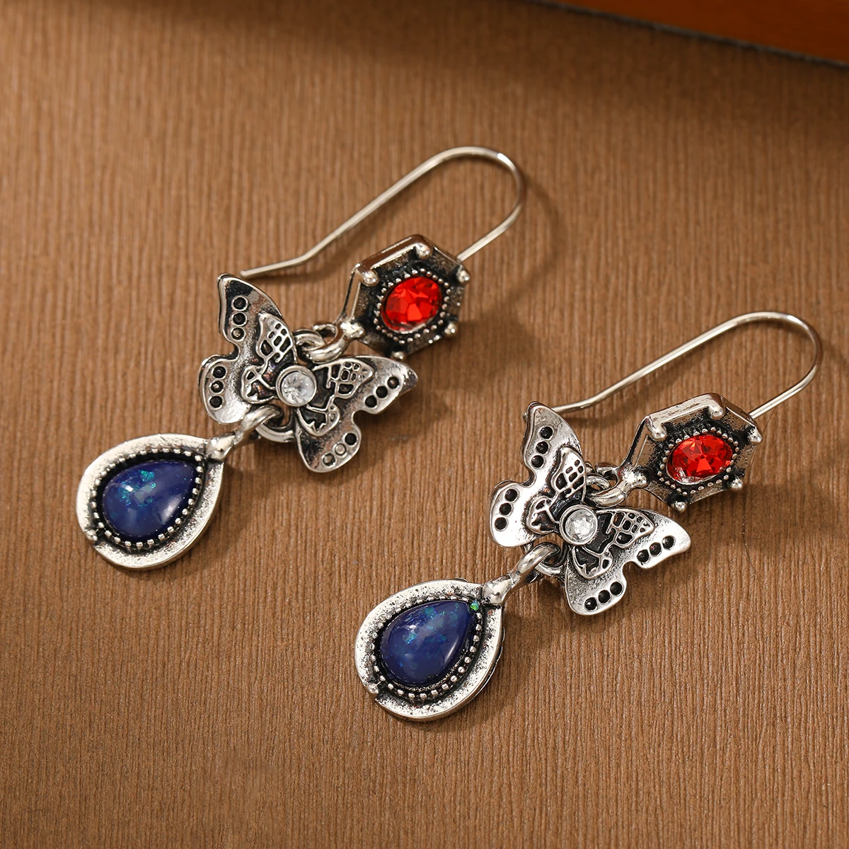 National Style Three-Layer Hollow Butterfly Multi-Color Artificial Gemstone Drop Earrings, Suitable for Daily and Party Occasion