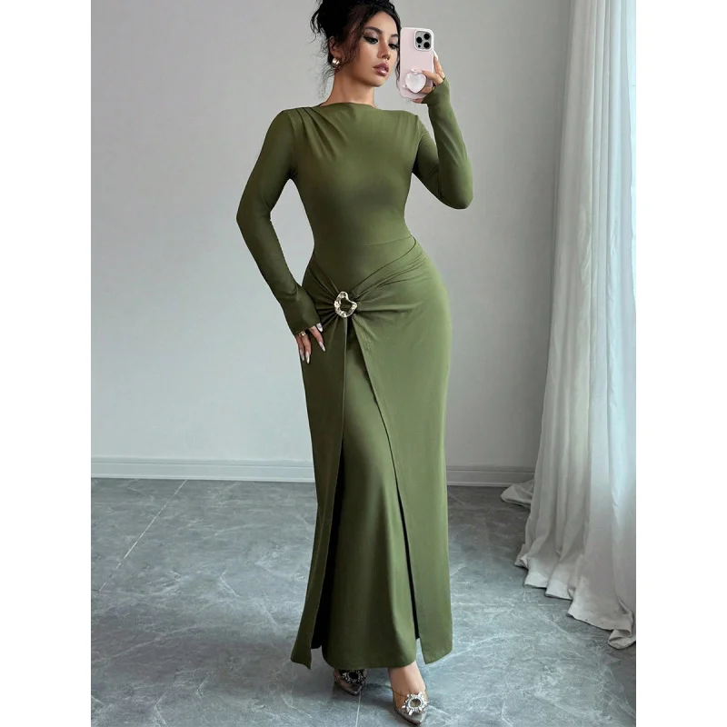 Elegant Bodycon Maxi Dresses Long Sleeve Crew Neck Metal Buckle Waist Ruched High Split Evening Party Dress