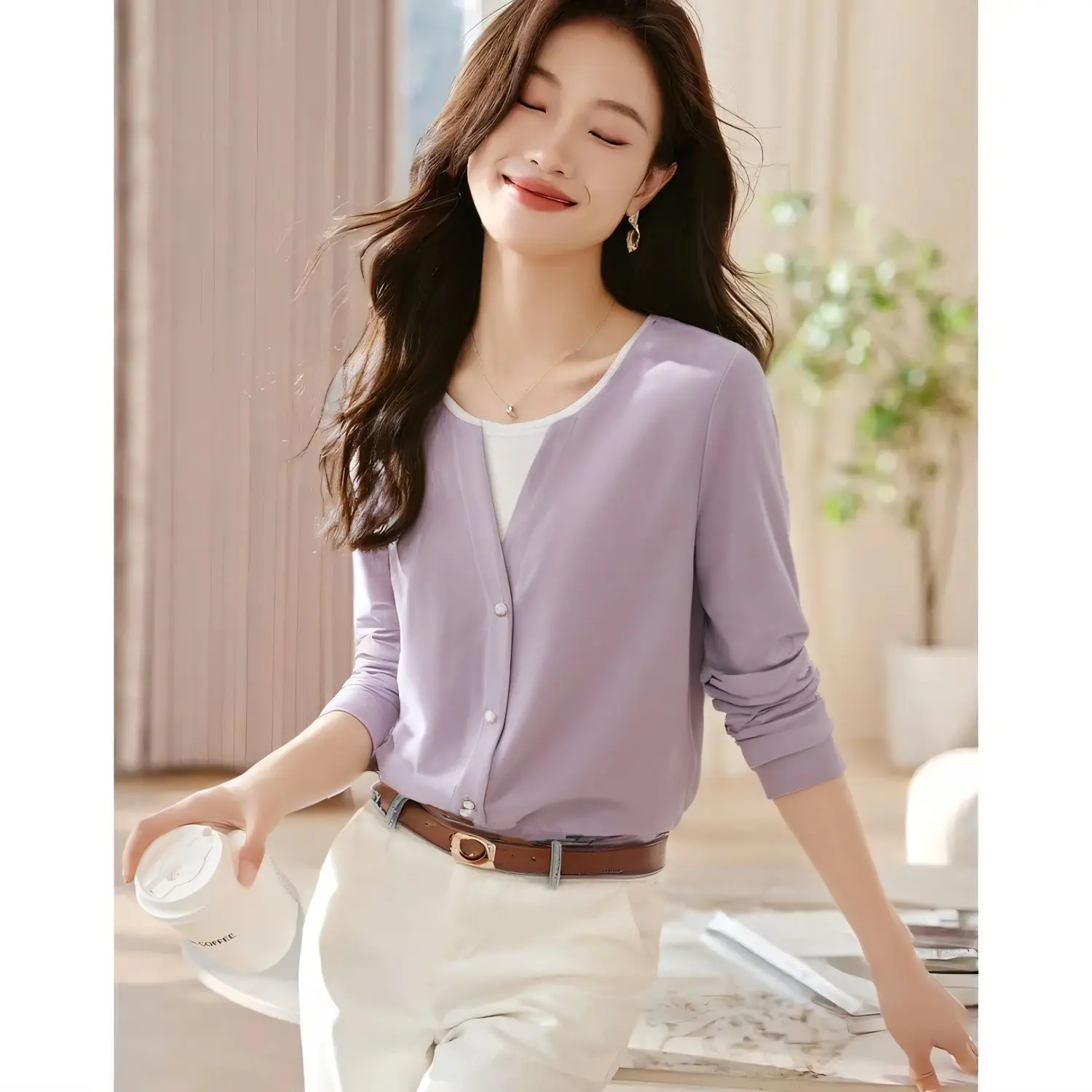

Two In One Pure Cotton Long Sleeve T Shirt Women Autumn New Layering Top