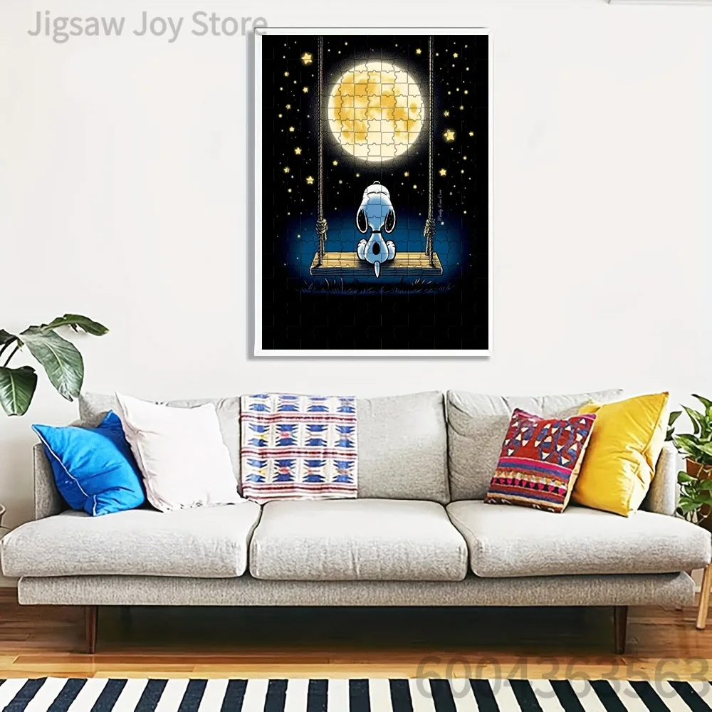 

Paper Jigsaw Puzzle Cute Snoopy on Swing with Full Moon & Starry Night Sky Artwork Brain Teaser