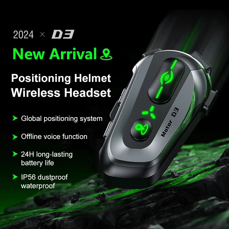 D3 Motorcycle Helmet Bluetooth Headset Green LED Wireless Intercom Handsfree Call GPS Waterproof Stereo Music Interphone