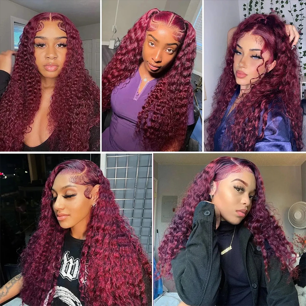 Bordeaux 13x6 HD Kant Frontaal Pruik van echt haar 40 inch Rood Gekleurde Krullende Pruiken 13x4 Hd Kant Water Diepe Golf Frontale Pruik 200 Dichtheid