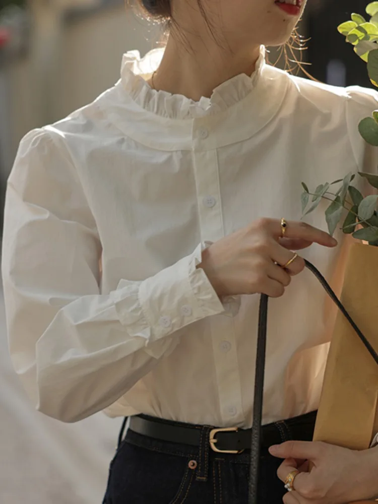 

Женская блузка Ele с кружевной отделкой, длинный рукав, весна-осень 2025, новая коллекция, корейский стиль, из тонкого материала