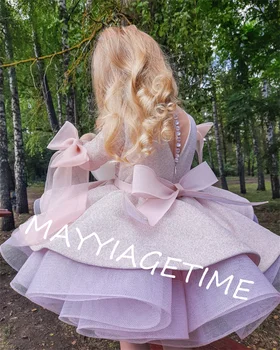 핑크 플라워 걸 드레스, 반짝이 반짝이 비즈, 보우 이브닝 파티, 푹신한 볼 가운, 첫 성찬식, 어린이 유아