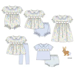 Easter Boutique Short Sleeve T-shirt Round Embroidery Rabbit Girl Flower Dress Romper Boy Blue Top Clothes And Lattice Pants