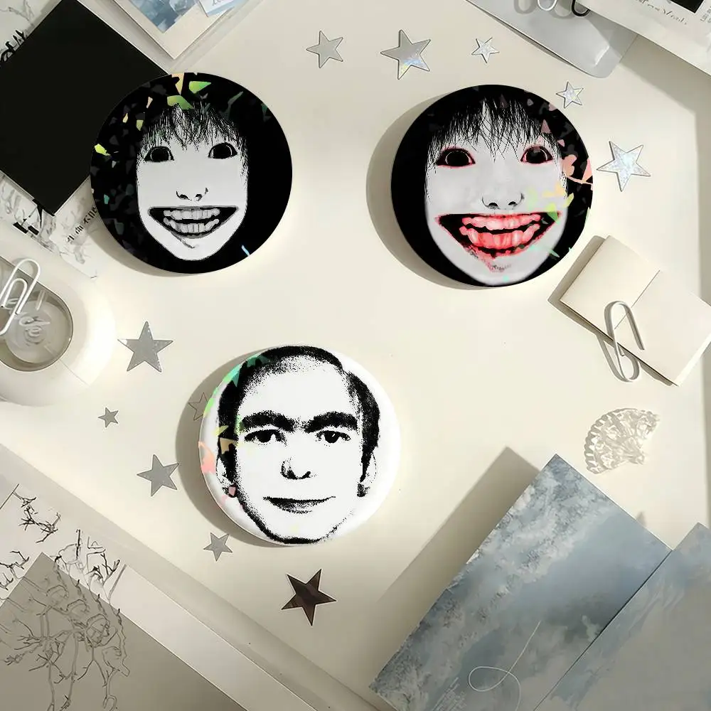 Y-Yoshie  Horror Big White Face with Teeth Laughing Laser Badge Pins Handmade Brooches for Backpack Gifts Bag Decor Fans Collect
