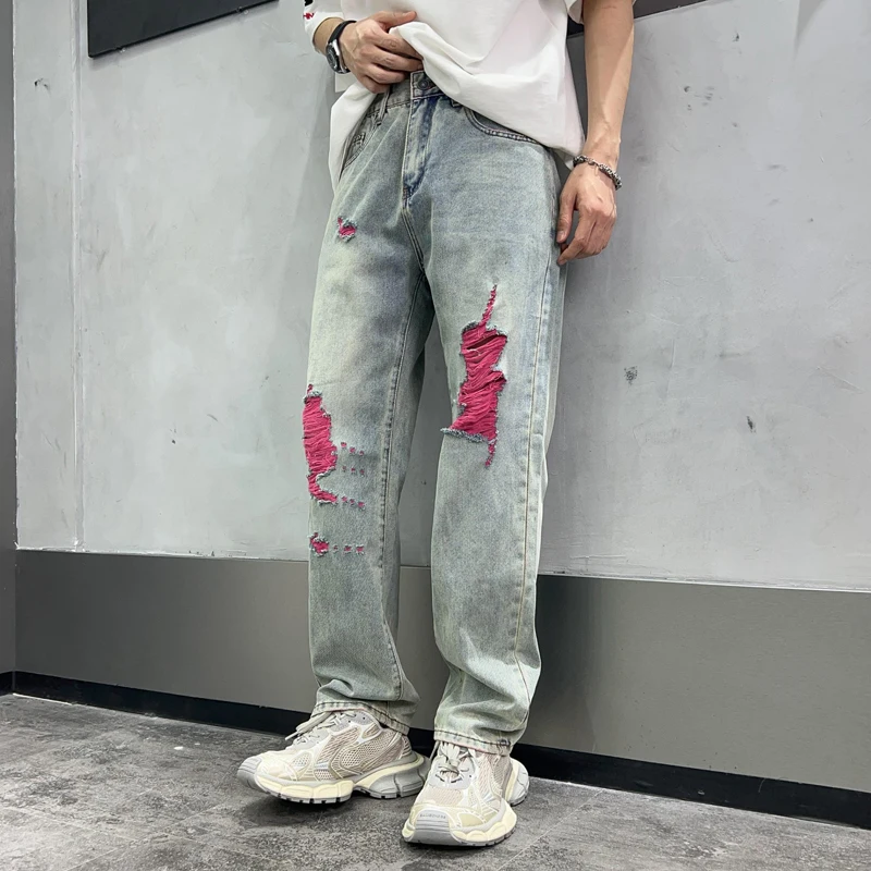 

American Style Washed Denim Lightning Hole Breaking Trendy Men'S Loose Straight Leg Denim Pants