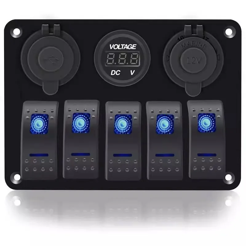 

With Fuse USB Chargers Socket 12V 24V Car Light Toggle 5 Buttons LED Rocker Switch Panel Boat Digital Voltage Test Accessories