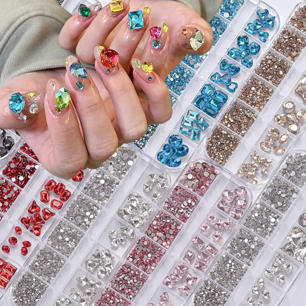 

12Grids 3D Mixed K9 Crystal Glass Nail Rhinestones SS1-SS12 Clear/Blue/Pink/Red/Champagne Diamond Nail Jewelry Y2k Nail Gem Deco