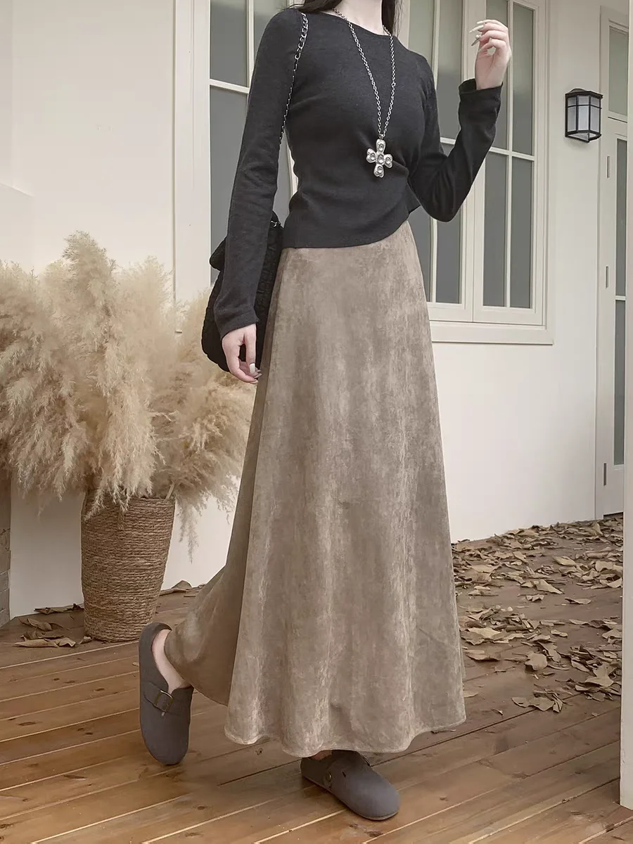 Effortless Elegance: 2025 Faux Suede High Waist A-Line Skirt Women Flowy Maxi Length Skirt with Flared Hem