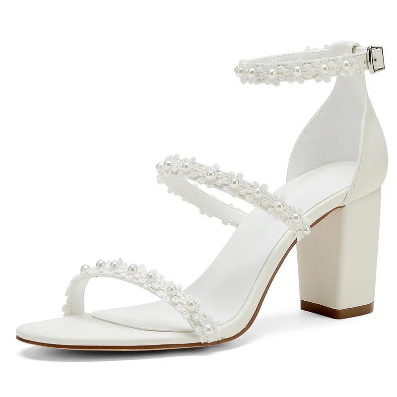 

High Block Heel Wedding Sandal Shoes for Bride Appliques Strappy Women Chunky Heels Open Toe Bridal Party Heeled Sandals