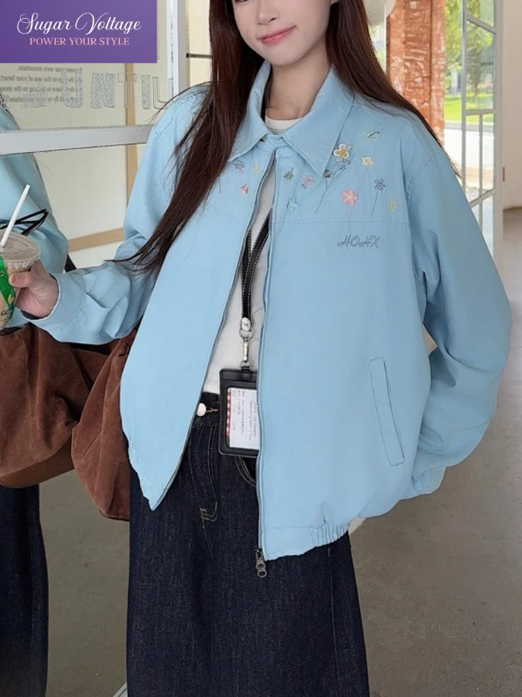 Korean Vintage Floral Embroidery Short Jacket Women Autumn Casual Retro Style Loose Fit Turn Down Collar Fashionable Outerwear