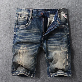 남성용 레트로 패션 디자이너 청바지, 블랙 블루 탄성 패치워크 슬림 찢어진 청바지, 옴므 자수 빈티지 데님 반바지 