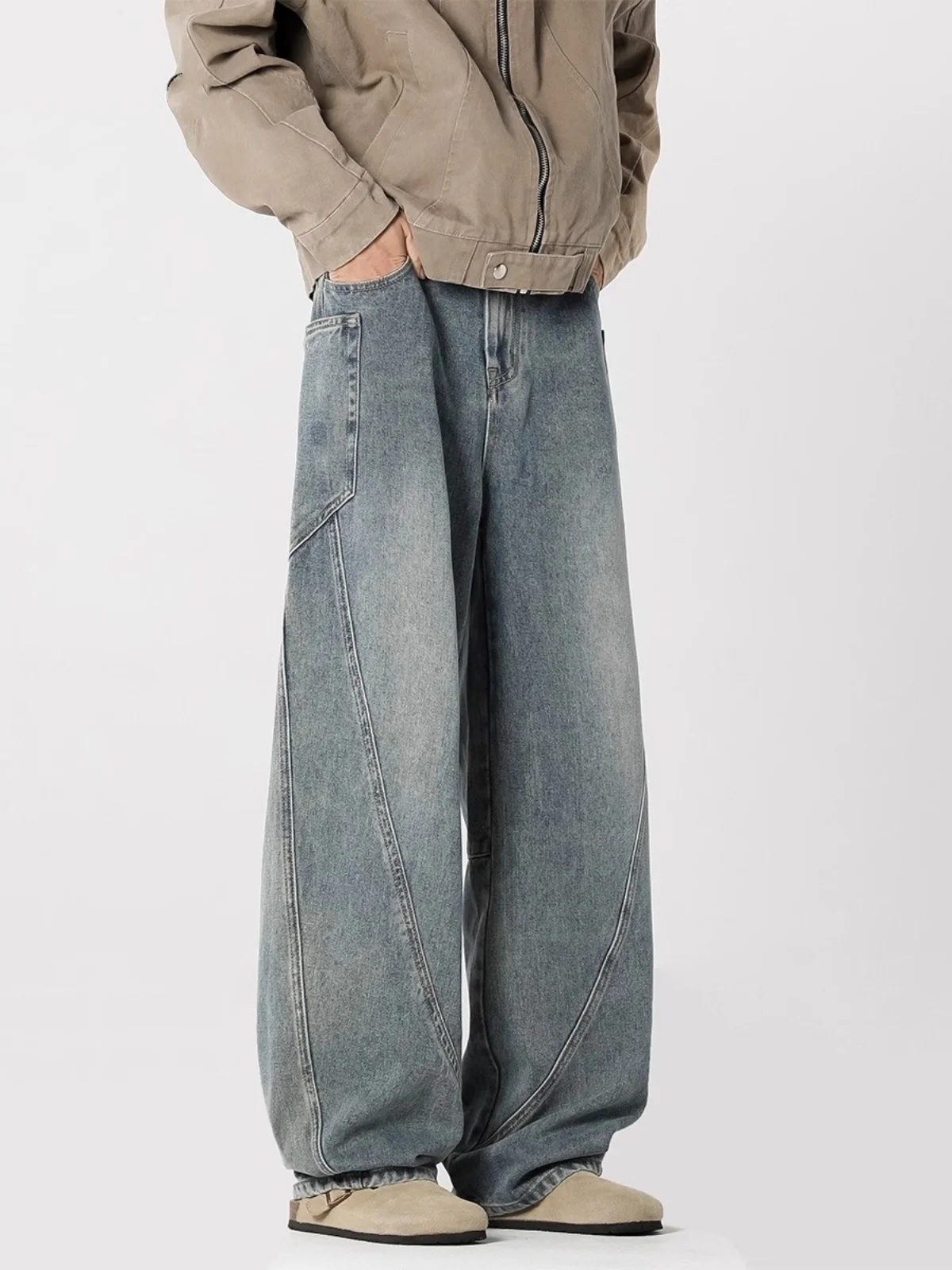 

American Vibe Retro Patchwork Men's Jeans Loose Wide Leg Straight Tube Workwear Trousers Youthful Trendy Design Cotton Polyes...