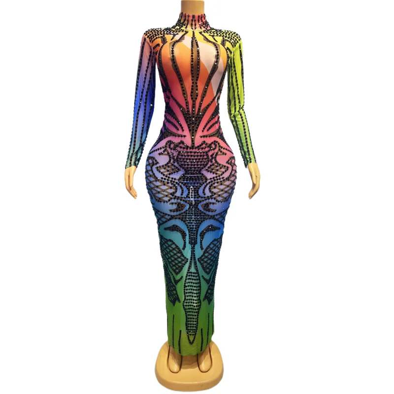 

Colorful Printed Rhinestones Mesh Long Dress Women Singer Sexy Transparent Stage Costume Birthday Celebrate Evening Show Costume