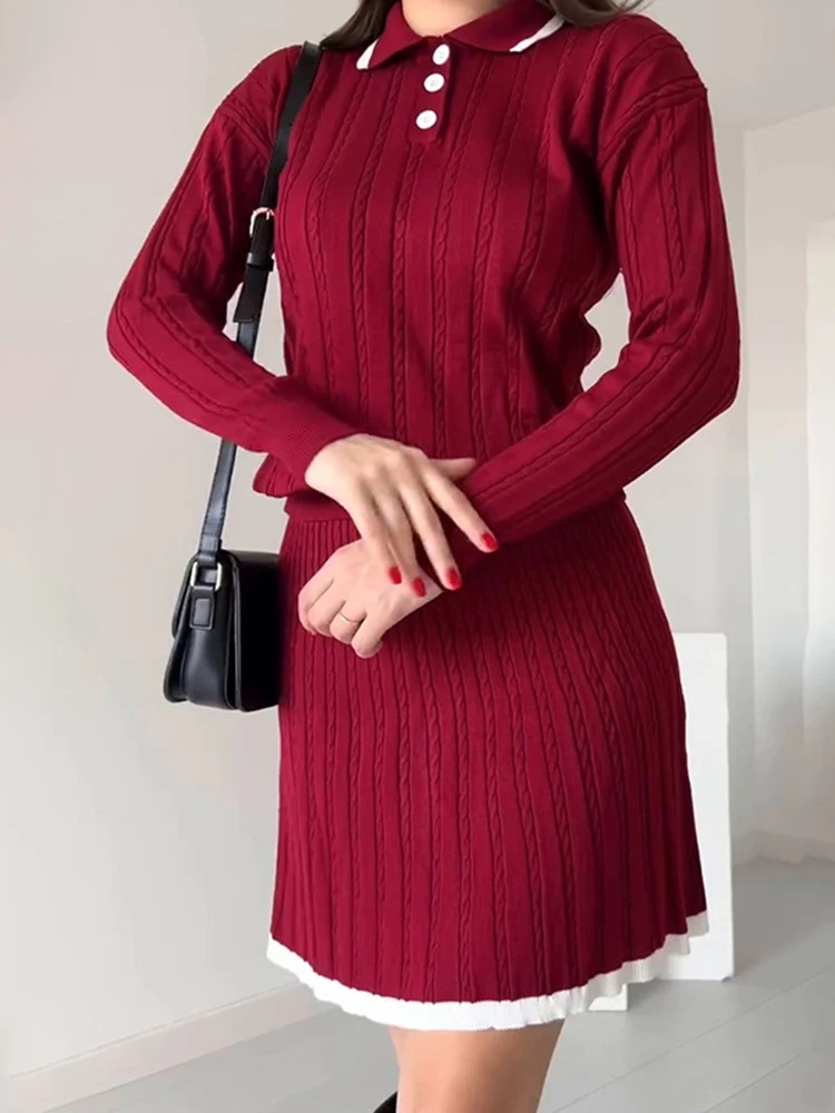 Fashion Casual Knitwear Two Pieces Set Women Chic Lapel Long Sleeve Pullover Sweater+High Waist Mini Bust Skirt Knit Lady Outfit