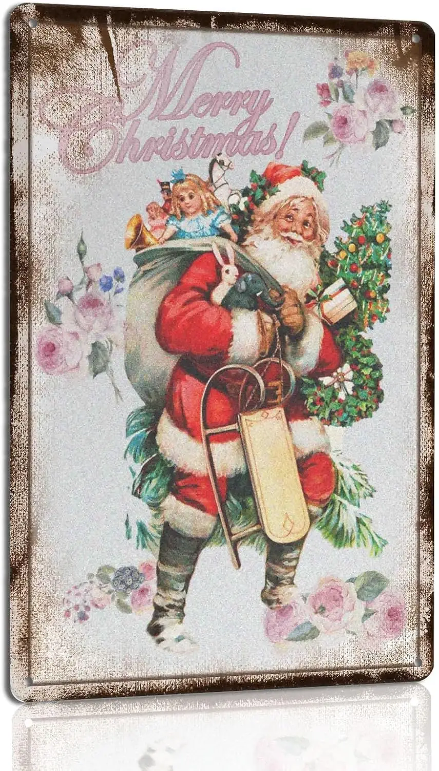 Christmas Santa Claus Metal Tin Sign Pink Vintage Christmas Wall Art Shabby Chic Decor Victorian Christmas Ornaments