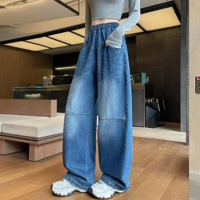 Vintage Mode Stil Frauen Denim Jeans Hohe Taille Tasche Kontrast Farbe Lose Breite Bein Hosen Übergroße Hosen