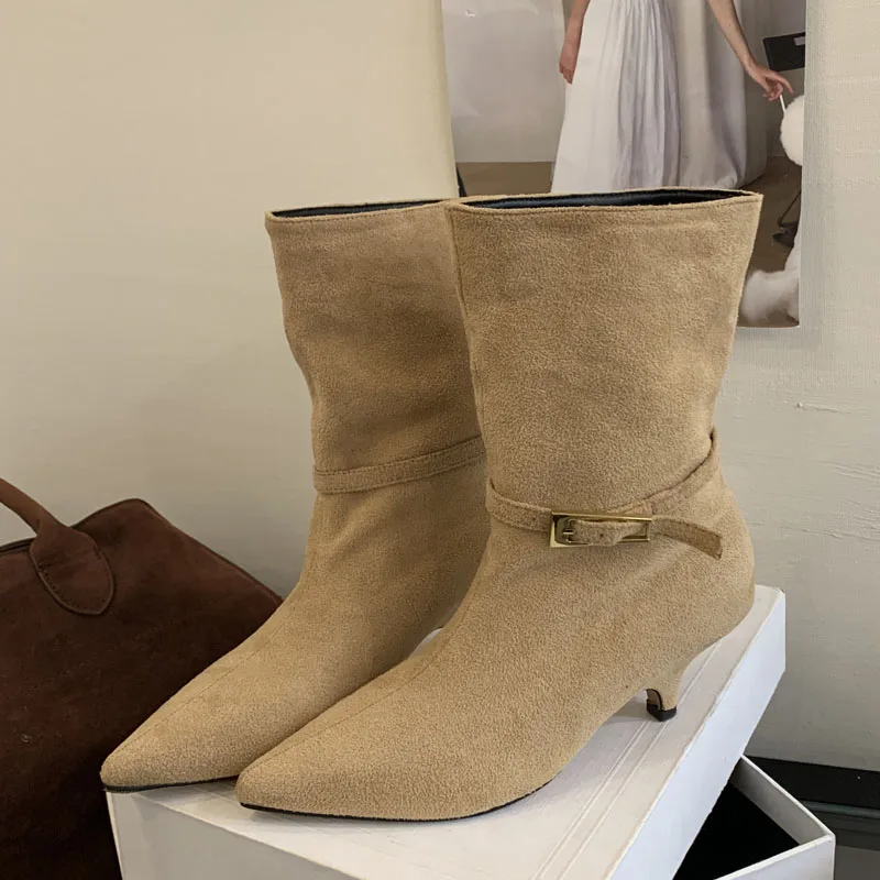 

Aneikeh уличный стиль, осенне-зимние модные винтажные ботильоны на тонком низком каблуке, женская повседневная женская обувь с ремешком и пряжкой с острым носком