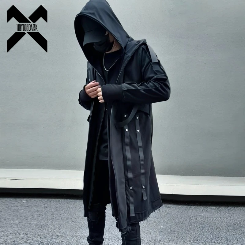 Men's Fake two Trench Jacket Windbreaker Men Gothic Punk Streetwear Long Jacket Coat Function Hoody Clothes Black