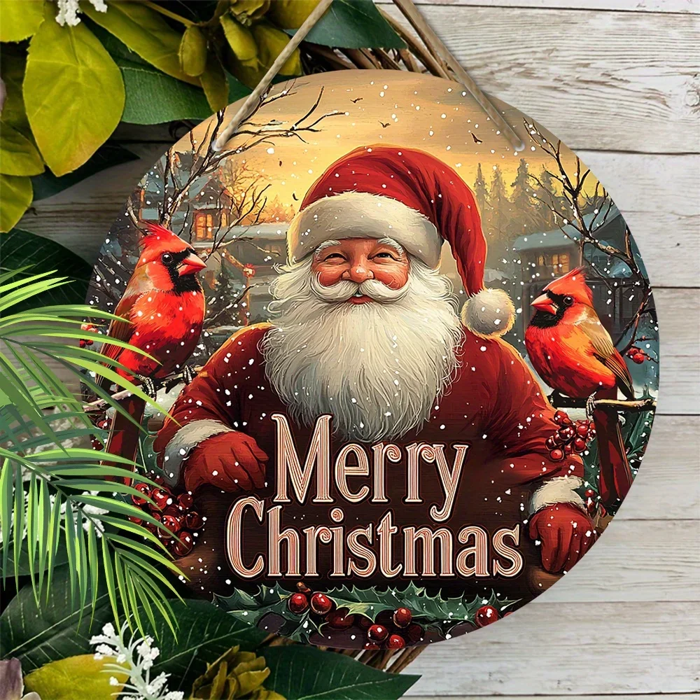 Kindly Santa Claus Classic Cardinal Wooden Sign Merry Christmas Wreath Sign for Front Door Wall Hanging Decor Ideal Christmas