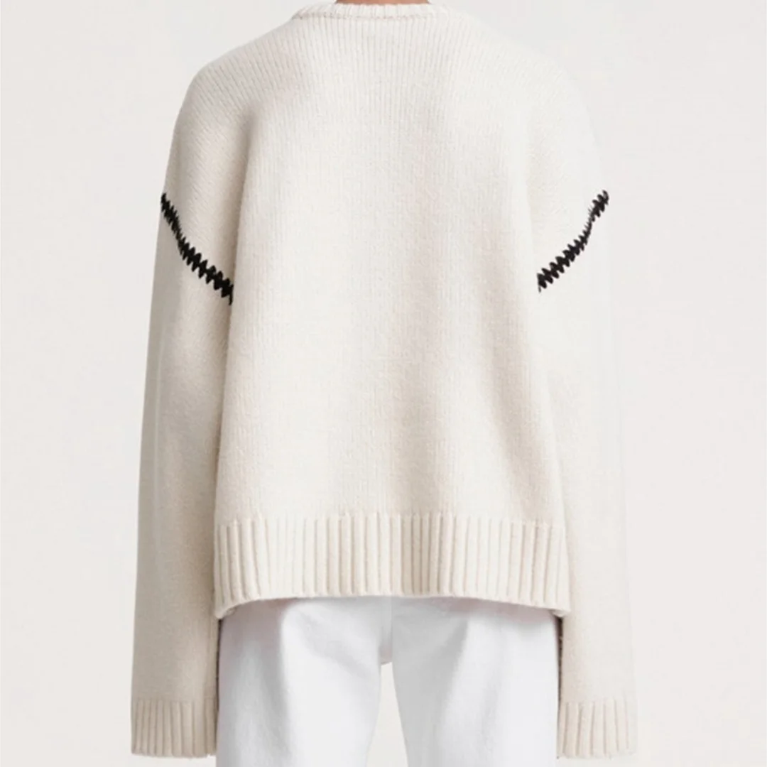 Modny sweter damski na jesień/zimę 2025, luźny, z okrągłym dekoltem, długim rękawem, dzianinowy, haftowany.