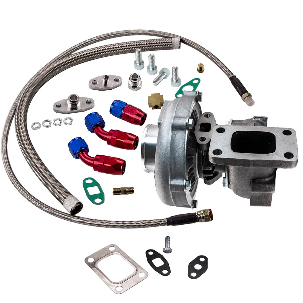 T04E T3/T4 A/R 0.63 5-BOLT Universal Turbo Charger Kit + Oil Feed Return Line