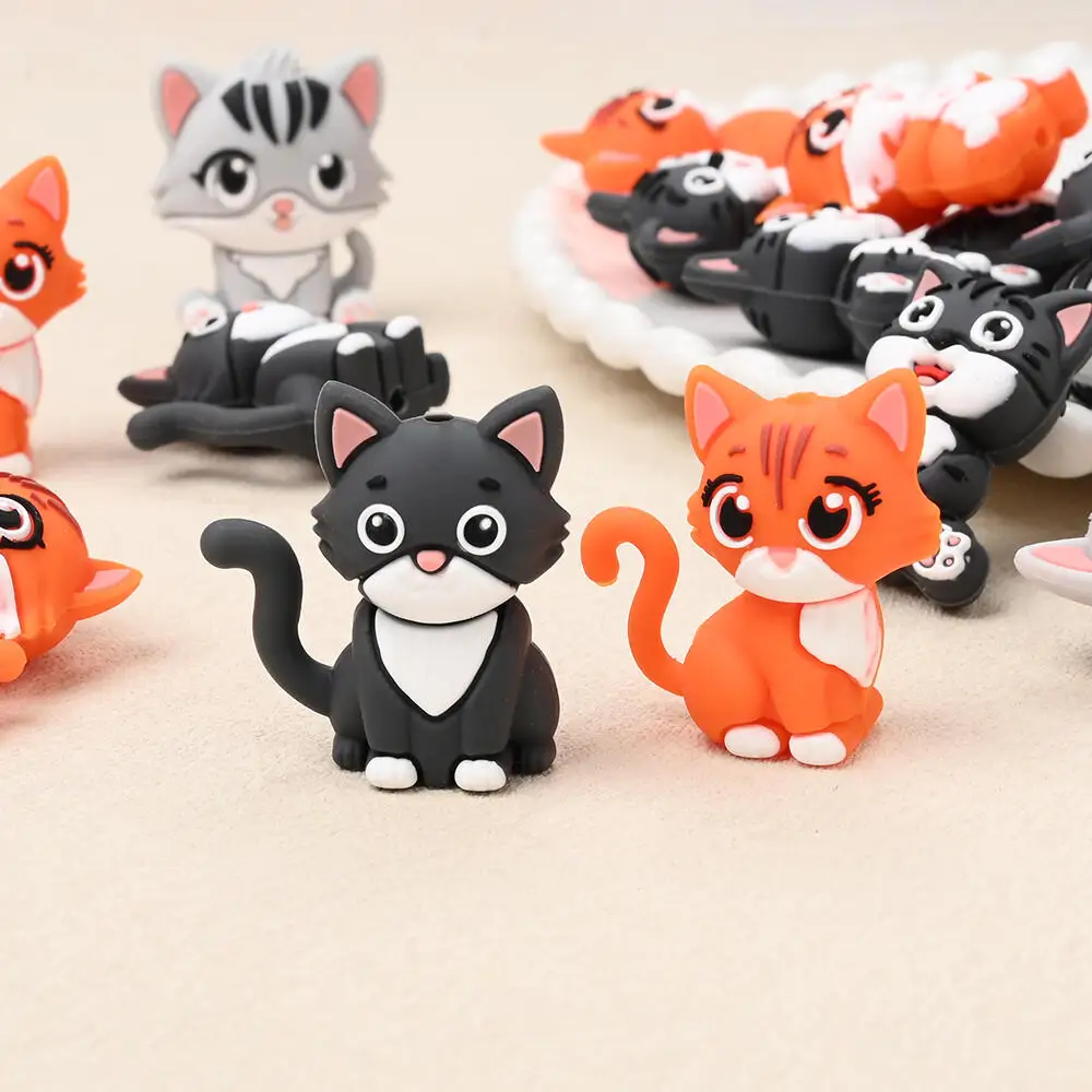 5pcs Cartoon Cute 3D Cat Silicone Beads For Handmade Pacifiers Chain Beaded Pen DIY Jewelry Accessories
