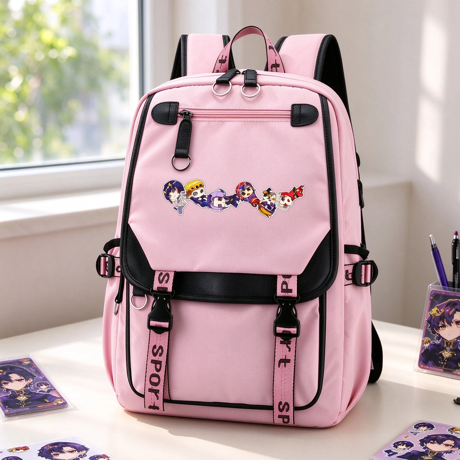 JoJo's Bizarre Adventure Pink Backpack Nylon Women School Bags Large School Bookbag USB Charging Port Laptop Travel Bagpack