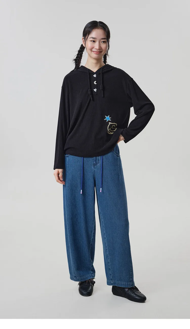 MOVEUP Hooded Drawstring Pullover 2026 Autumn Bird‑Shaped Buttons Embroidery Sweatshirts Loose Long Sleeve Casual Top 3ELQ10567