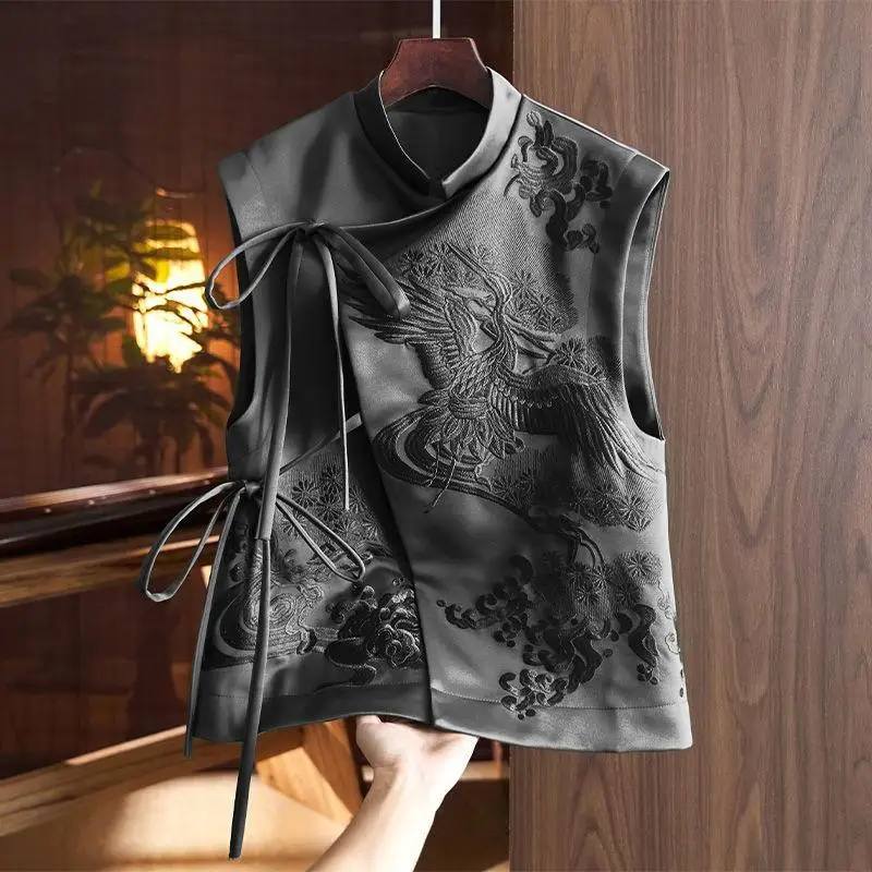 Chinese Vest Coat Embroidered Top Green Vest National Tide Heavy Industry Waistcoat  White Stork Embroidery Vest Black Lace Top