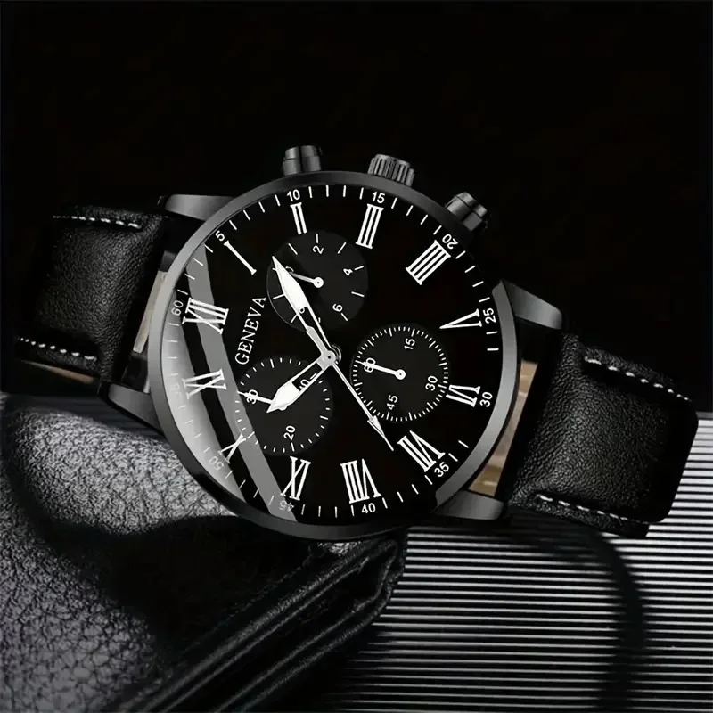Black 2pcs/set Charm Men Watches Fashion Quartz Watch with Rome Numerals & King Bracelet Analog PU Leather Business Wristwatch