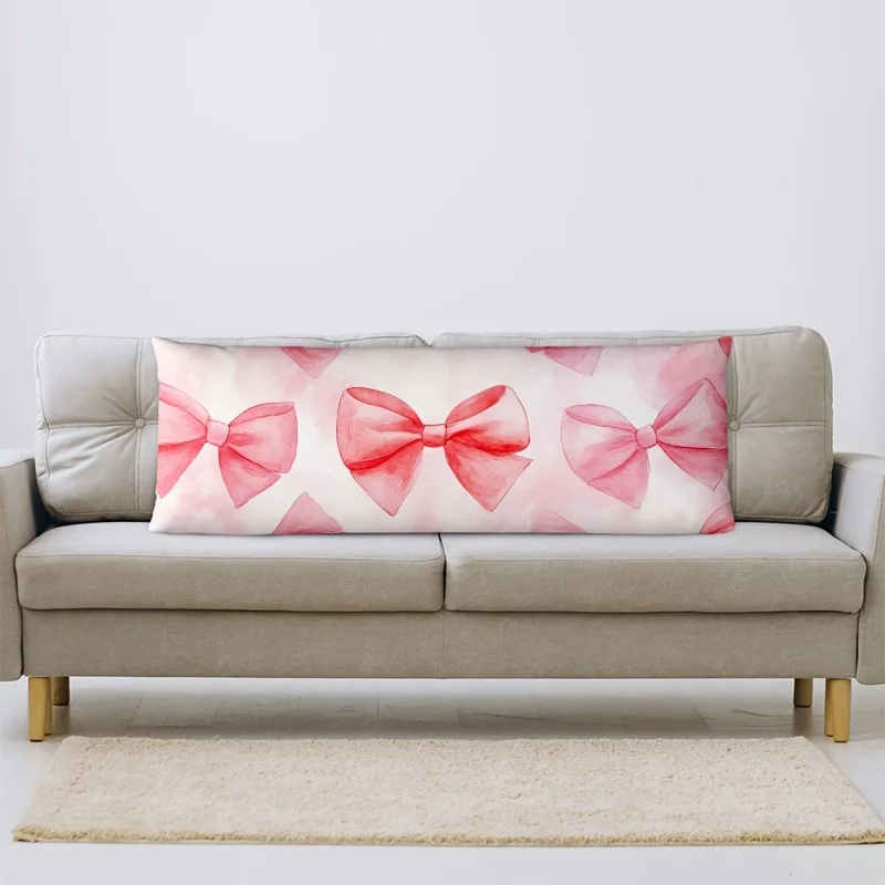 1pc Short Plush Pillowcase, Pink Bow Pattern on Pink Background, Pink Decorative Long Waist Pillowcase, Centimeters Zippered Cus