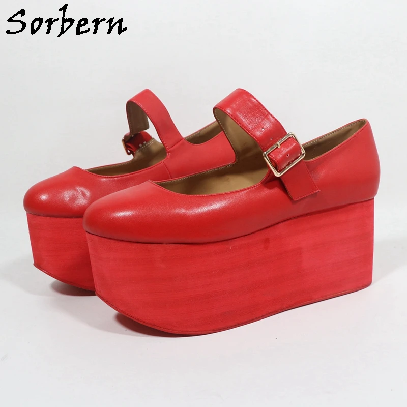 Sorbern Unisex Style Red Matte Women Pumps Middle Mary Jane Straps Flatform Wedge High Heels Comfortable Custom Color