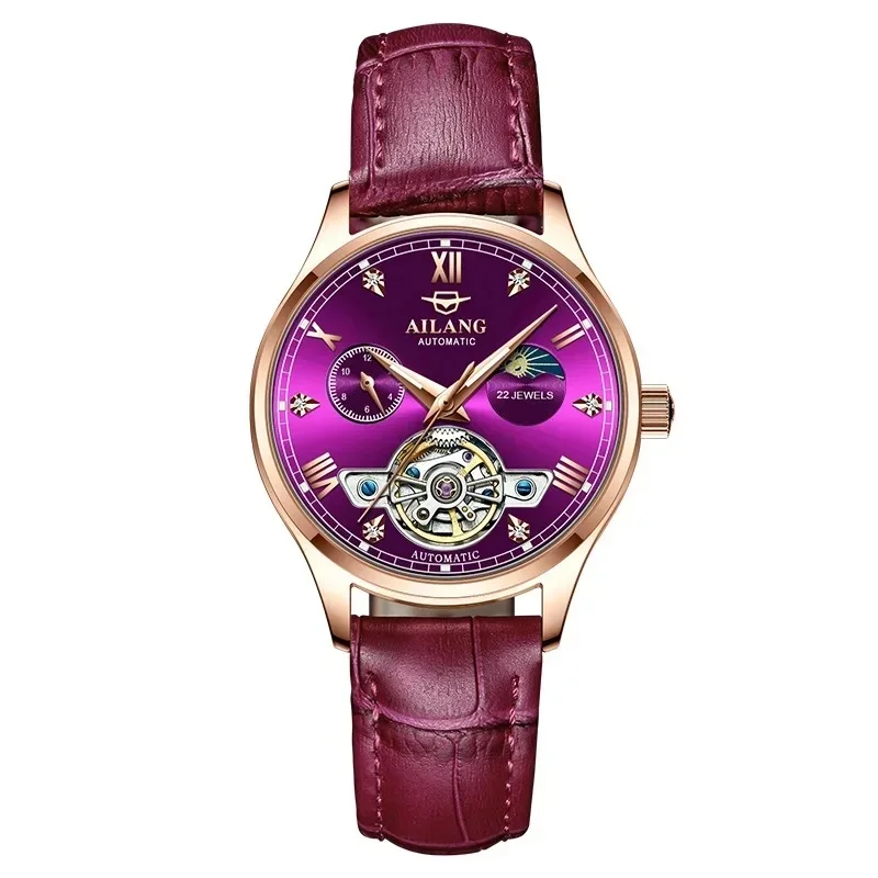 AILANG-8607L Luxury Mens Skeleton Automatic Watch Rose Gold Case Moon Phase Subdial Wine Red Leather Band Waterproof Unisex Watc