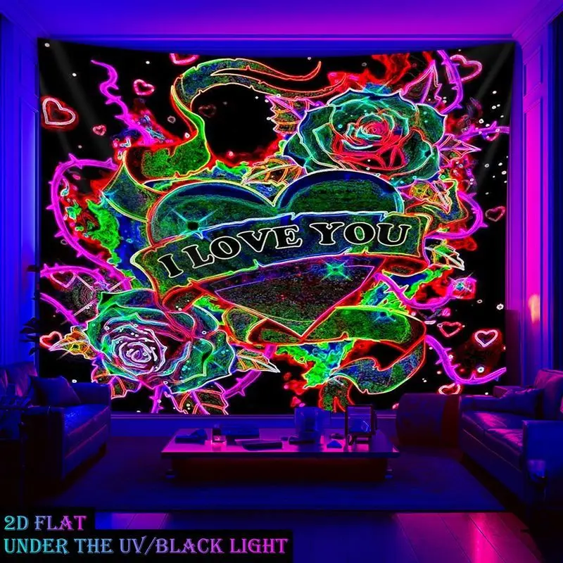 VIKAMA UV Blacklight Neon Rose Heart Tapestry Glowing I Love You Wall Hanging Romantic Pink Dorm Bedroom Backdrop Decor