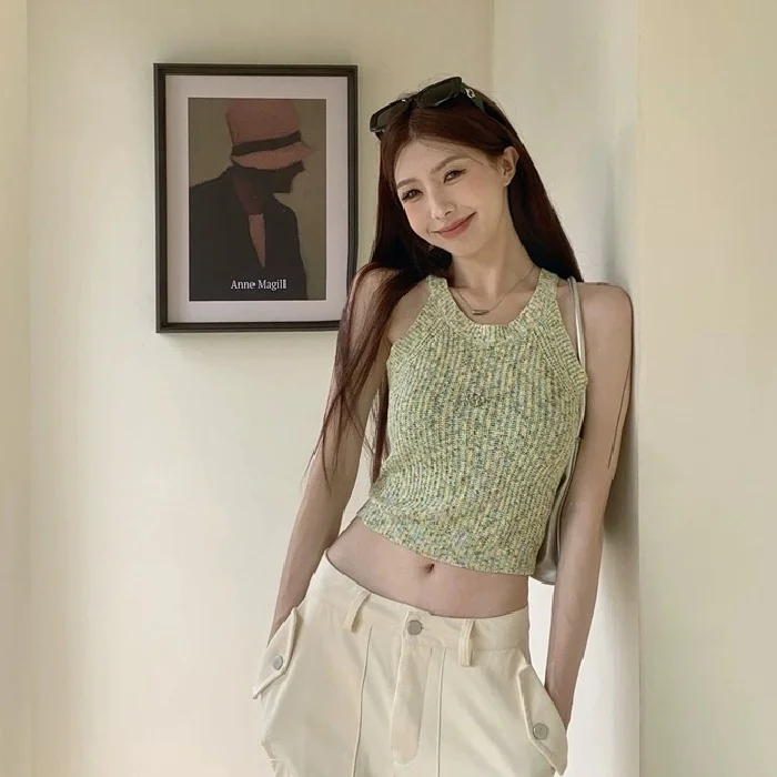

Sweet And Spicy ort Knitted oulder Bared Crop Top Women's Slim Fit Design Summer New Sle Outerwear Vest Top