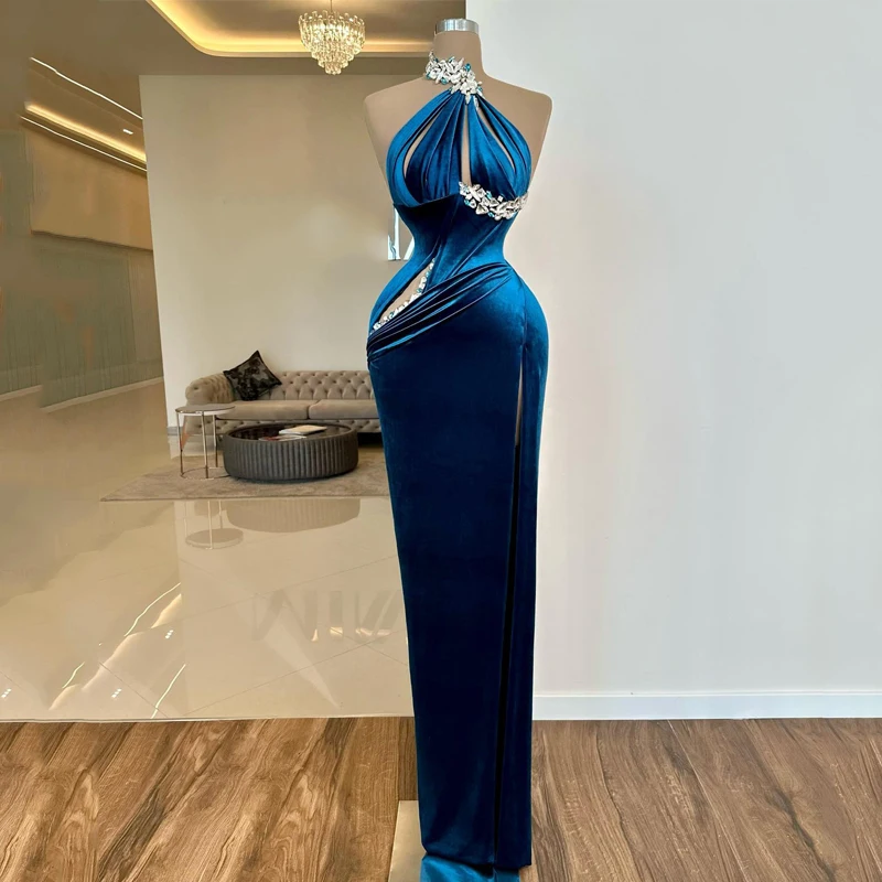 Thinyfull-Robe de Rhsirène sexy, robe de soirée en velours, perles licou, Arabie saoudite, Dubaï, cocktail, quelle que soit la grande taille, 2023