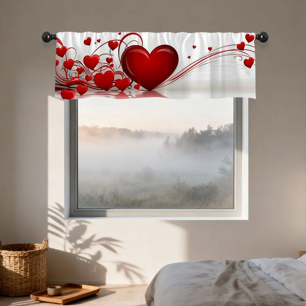 2D Flat 1pc of Red Romantic Heart-Themed Valance Curtain Featuring a 2D Flat Print And a Rod Pocket Design, Easy to Install.