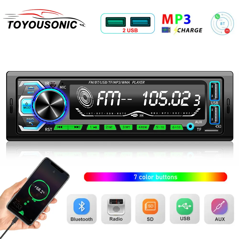 1 din Car Radio 2 USB Car Stereo Player Universal Digital Bluetooth MP3 Player  Remote Control Fast Charging with AUX FM Radio