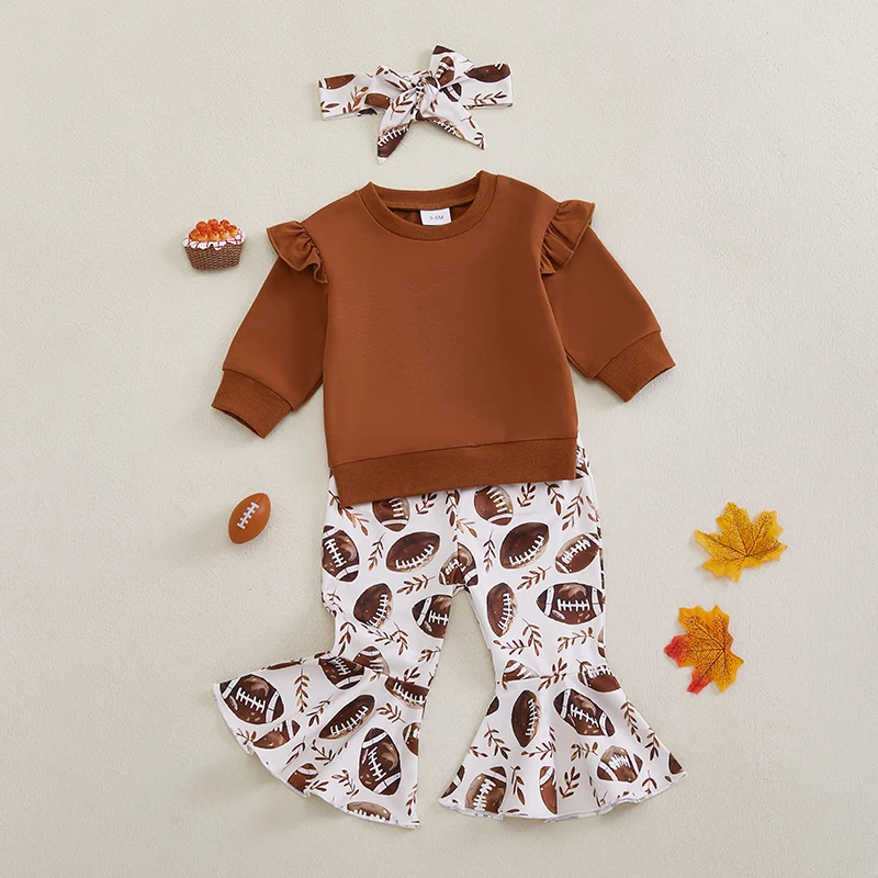 

Kids Baby Girl Fall Clothes Outfits Ruffle Long Sleeve Sweatshirt+Bow Football Pattern Flare Pants+Headband 3Pieces Baby Sets