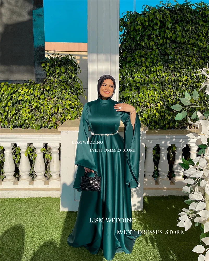 LISM Vintage Muslim Evening Dress Saudi Arabia Dubai A Line Prom Gown High Neck Formal Occasion Dress With Veil And Belt