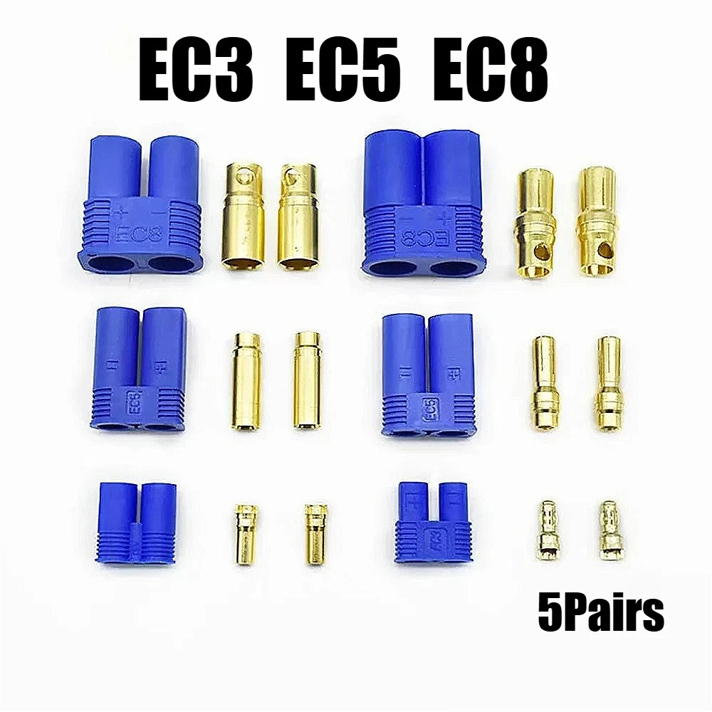 5 Pairs EC3/EC5/EC8 Gold-Plated Banana Plug Connectors (Male & Female) with Blue Sheaths - High-Current RC Model Connectors