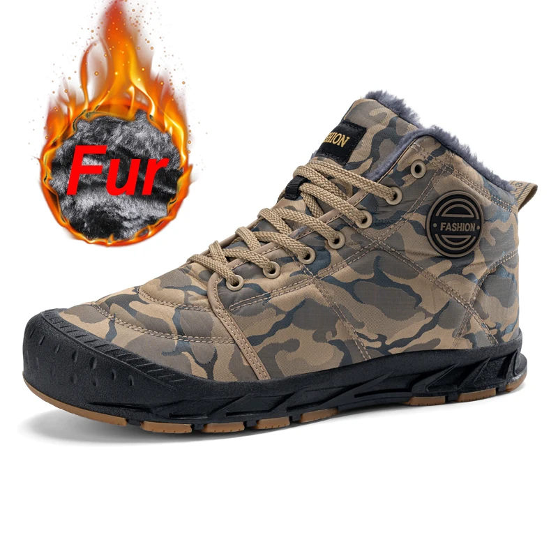

39-46 Fotwear Winter Snow Boots Men Warm Plush Ankle Boots Camouflage Outdoor Hiking Long Fur Casual Sneakers Cotton Work Shoes