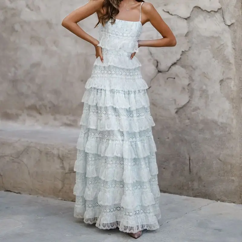 Combhasaki 女性の夏の調節可能な薄いショルダーストラップノースリーブスクエアネックレースパッチワーク Patchwoek A ラインキャミロングドレス